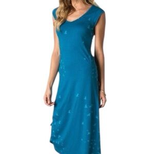 Toad&Co Muse Whimsical Bird Print Maxi Dress Ruching and Side Pocket Blue SizeM